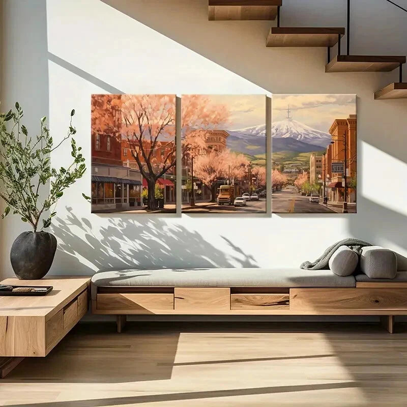 3pcs Spring Townscape with Snowy Mountain Metal Print Ready to Hang Art - Bella Home Decor