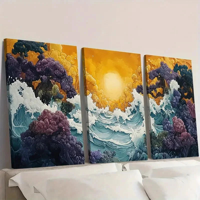 3pcs Vibrant Ocean Waves & Sunse a Wall Art Set Canvas Framed 50x70cm - High Quality Print 100% Australian Made Wall Canvas Ready to Hang