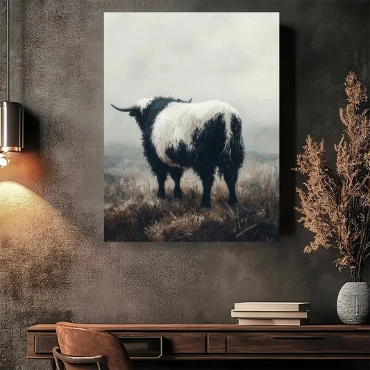 Beautiful Foggy Highland Cow Vintage Painting 40x60cm Metal Print Ready to Hang