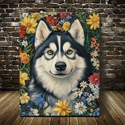 Flowers And Plants Cute Husky Dog Painting 40x60cm Metal Print Ready to Hang