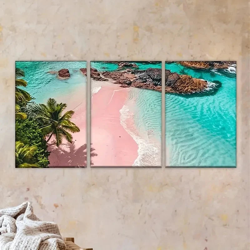 3pcs beach with palm trees and pink sand beach Wall Art Set Canvas Framed 50x70cm - High Quality Print 100% Australian Made Wall Canvas Ready to Hang - Bella Home Decor