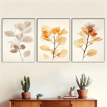 3pcs Decorative Soft-Toned Plant Leaves Metal Print Ready to Hang Art - Bella Home Decor