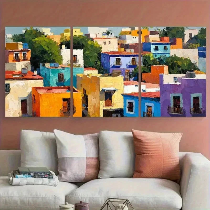 3pcs Vibrant Mexico Cityscape Bright Houses Metal Print Ready to Hang Art - Bella Home Decor