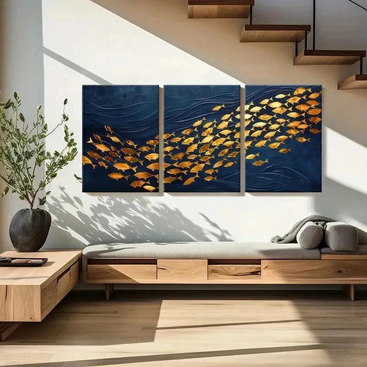 3pcs Abstract Golden Fish & Ocean Waves Wall Art Set Canvas Framed 60x90cm - High Quality Print 100% Australian Made Wall Canvas Ready to Hang