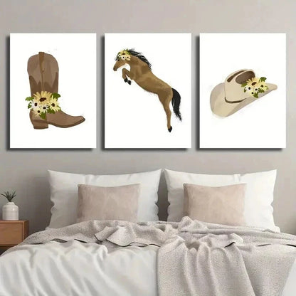 3pcs Hat & Jumping Horse Yellow Daisy Perfect Wall Art Set Canvas Framed 60x90cm - High Quality Print 100% Australian Made Wall Canvas Ready to Hang - Bella Home Decor