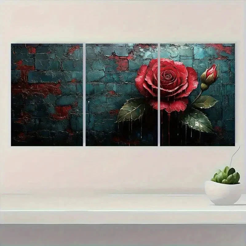 3pcs Bright Red Roses & Green Leaves Metal Print Ready to Hang Art - Bella Home Decor