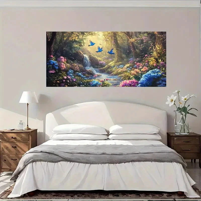 Enchanted Forest Waterfall Bird Wall Art Canvas Office Home Room Framed 120x60cm