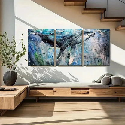 3pcs Sea Life Mammals Whales Splash Ink Wall Art Set Canvas Framed 60x90cm - High Quality Print 100% Australian Made Wall Canvas Ready to Hang - Bella Home Decor
