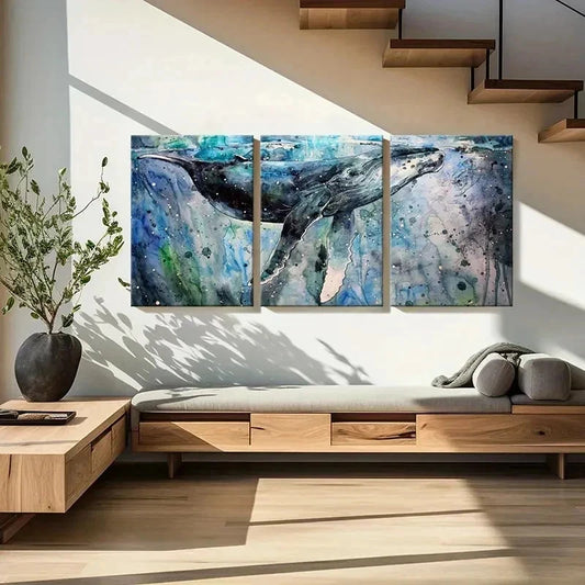 3pcs Sea Life Mammals Whales Splash Ink Wall Art Set Canvas Framed 60x90cm - High Quality Print 100% Australian Made Wall Canvas Ready to Hang