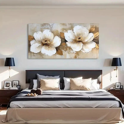 Golden Leaves White Flowers Wall Art Canvas Office Home Room Framed 120x60cm