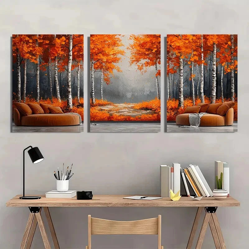 3pcs Vibrant Orange & Golden Leaves Wall Art Set Canvas Framed 50x70cm - High Quality Print 100% Australian Made Wall Canvas Ready to Hang