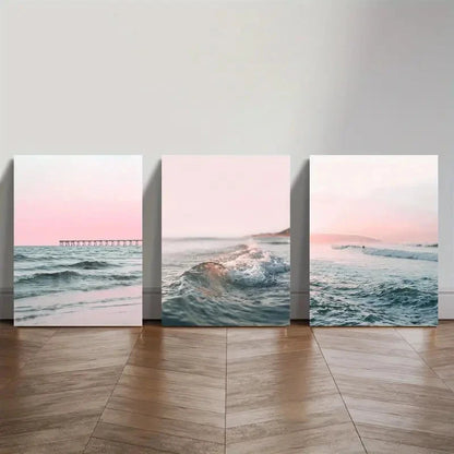 3pcs Soft Waves Pink Sky & Ocean Scenery Metal Print Ready to Hang Art - Bella Home Decor