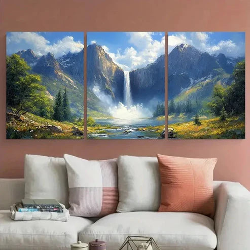 3pcs Yosemite Waterfall Landscape Impasto Design Wall Art Canvas Unframed - High Quality Print 100% Australian Made Wall Canvas