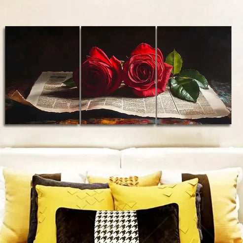3pcs Red Roses on Vintage Newspaper Wall Art Set Canvas Unframed - High Quality Print 100% Australian Made Wall Canvas