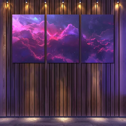 3pcs Vibrant Nebula with Red & Pink Glow Wall Art Set Canvas Framed 60x90cm - High Quality Print 100% Australian Made Wall Canvas Ready to Hang