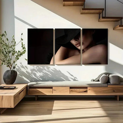 3pcs Mysterious Fashion Elegant Woman Black Hat Metal Print Ready to Hang Art - Bella Home Decor