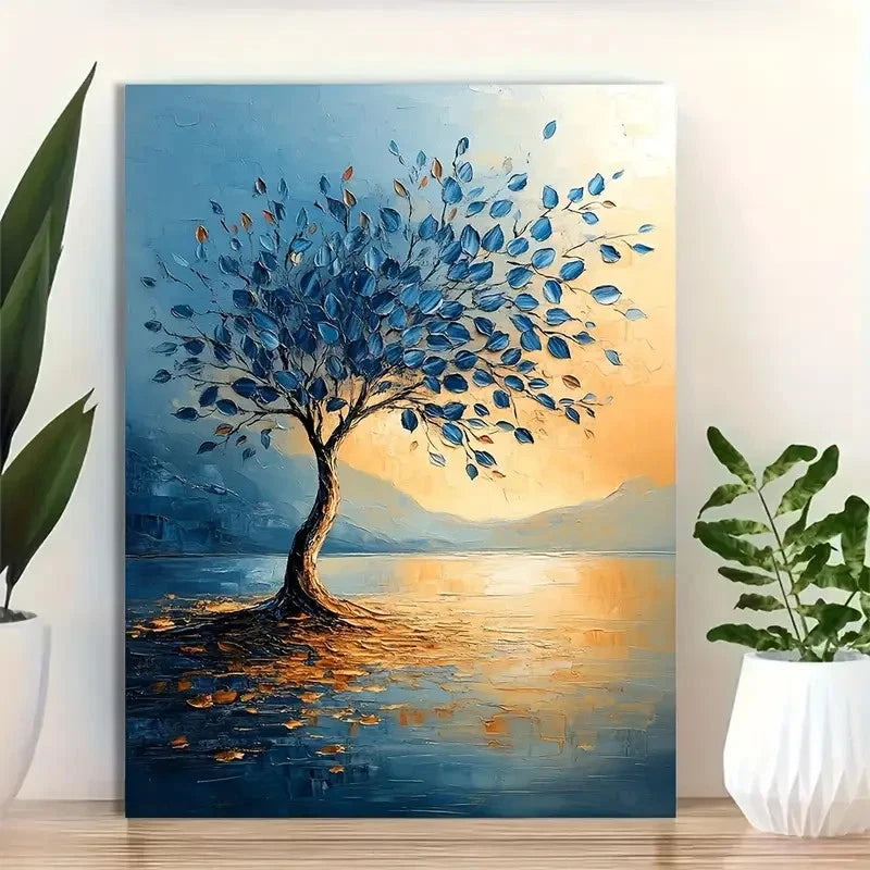 Beautiful Triple Sparse Blue Leaf Tree Painting 40x60cm Metal Print Ready to Hang - Bella Home Decor