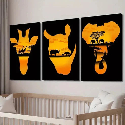 3pcs Giraffe Rhino Elephant at Sunset Wall Art Set Canvas Wall Art Canvas Unframed - High Quality Print 100% Australian Made Wall Canvas - Bella Home Decor