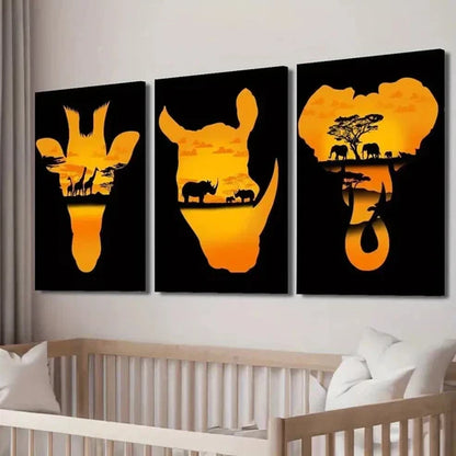 3pcs Giraffe Rhino Elephant at Sunset Wall Art Set Canvas Wall Art Canvas Unframed - High Quality Print 100% Australian Made Wall Canvas - Bella Home Decor