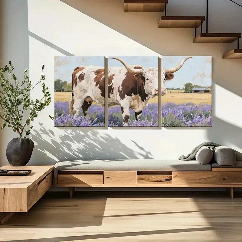 3pcs Pastoral Texas Longhorn Cow Purple Flowers Metal Print Ready to Hang Art - Bella Home Decor