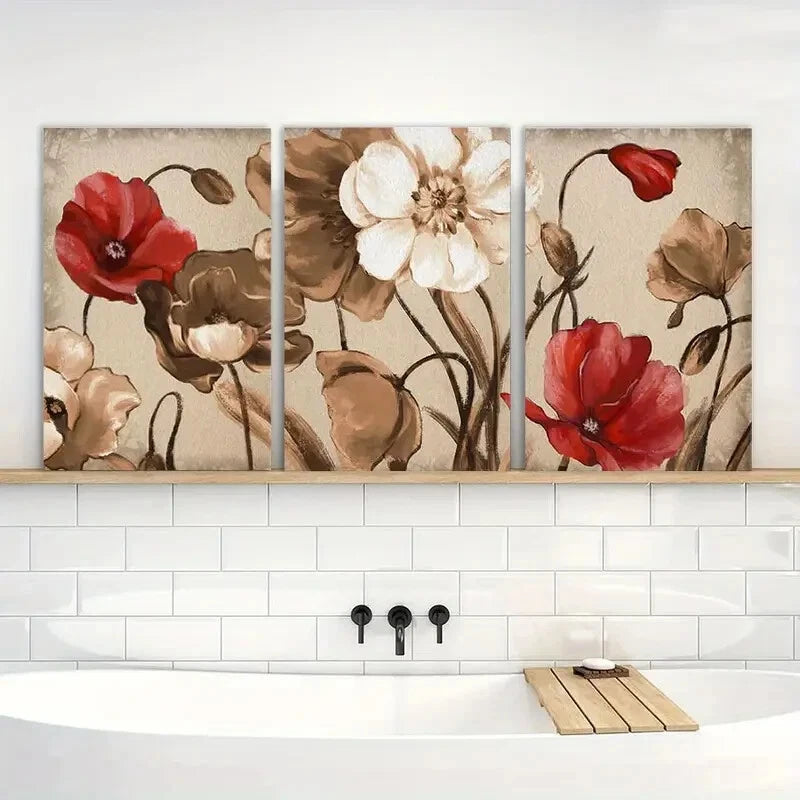 3pcs Vintage Floral Brown & Red Flowers Metal Print Ready to Hang Art - Bella Home Decor