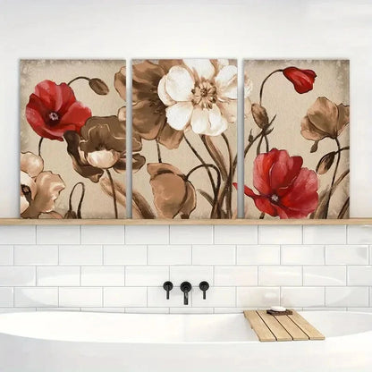 3pcs Vintage Floral Brown & Red Flowers Metal Print Ready to Hang Art - Bella Home Decor