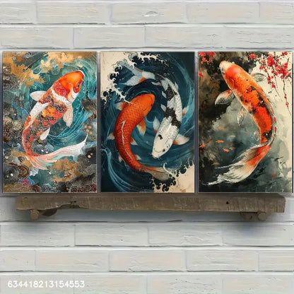 3pcs Vibrant Koi Fish Pond Contemporary Scenes Metal Print Ready to Hang Art