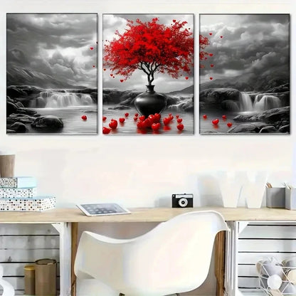 3pcs Vibrant Red Tree in Vase with Heart-Shaped Metal Print Ready to Hang Art