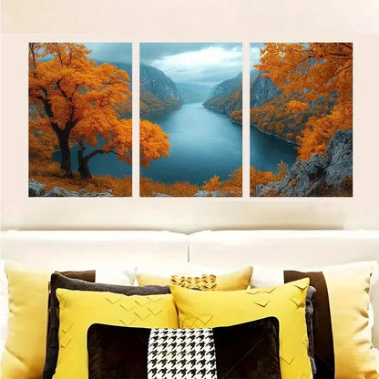 3pcs Danube River Autumn Foliage & Golden Trees  Wall Art Set Canvas Framed 50x70cm - High Quality Print 100% Australian Made Wall Canvas Ready to Hang - Bella Home Decor