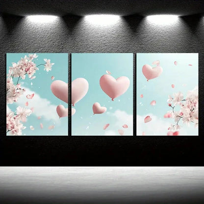 3pcs Romantic Cherry Blossoms & Heart Balloons Metal Print Ready to Hang Art
