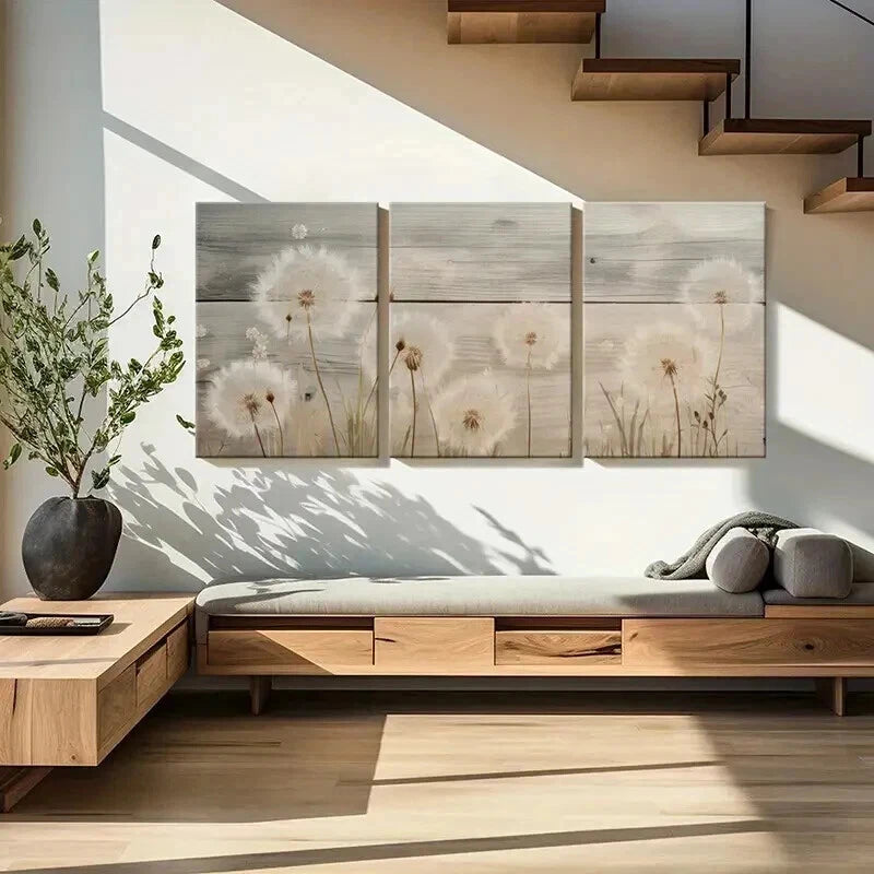 3pcs Rustic Wooden Background Dandelion Floral Wall Art Set Canvas Framed 50x70cm - High Quality Print 100% Australian Made Wall Canvas Ready to Hang - Bella Home Decor