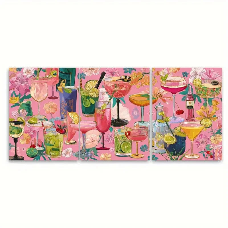 3pcs Retro Cocktail Bar Cart Pink Drink Wall Art Set Canvas Framed 50x70cm - High Quality Print 100% Australian Made Wall Canvas Ready to Hang
