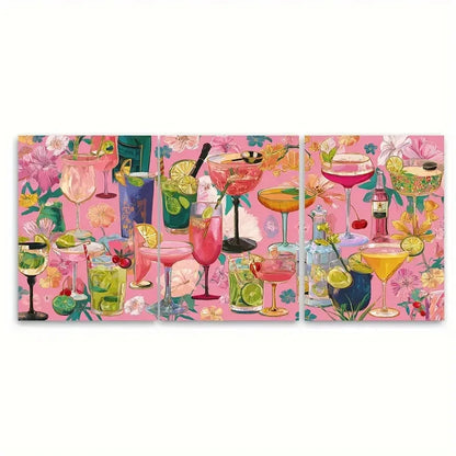 3pcs Retro Cocktail Bar Cart Pink Drink Wall Art Set Canvas Framed 50x70cm - High Quality Print 100% Australian Made Wall Canvas Ready to Hang