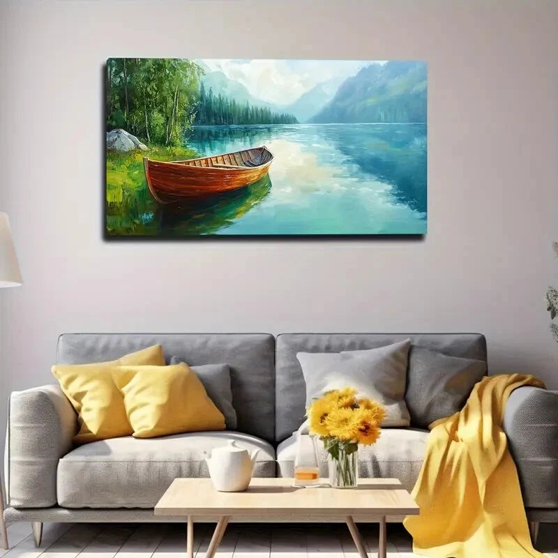 Lake Scene with Wooden Boat Wall Art Canvas Office Home Room Framed 120x60cm - Bella Home Decor
