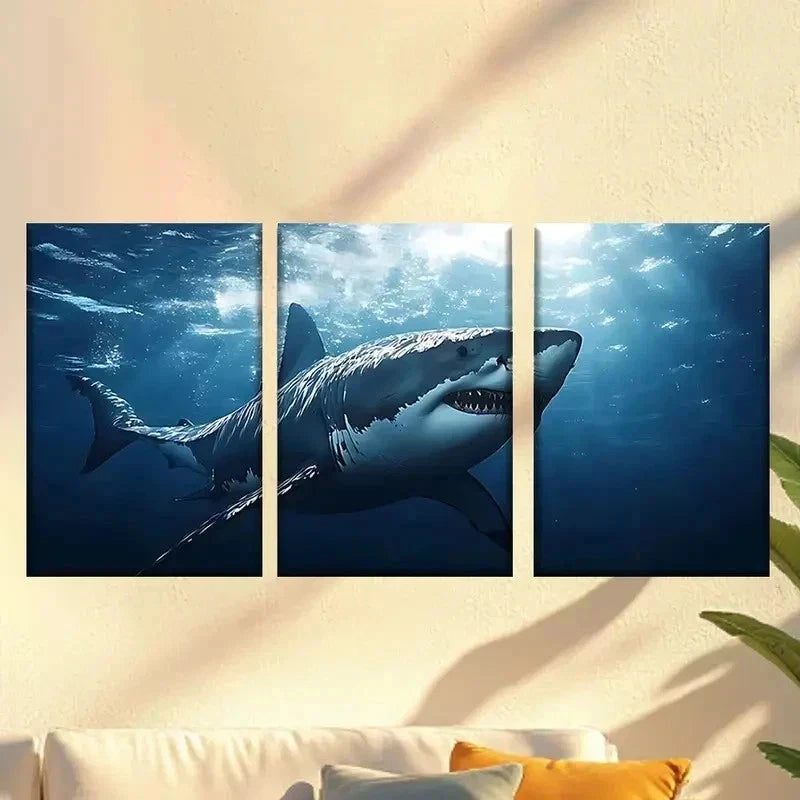 3pcs a shark swimming in the ocean Wall Art Set Canvas Framed 60x90cm - High Quality Print 100% Australian Made Wall Canvas Ready to Hang - Bella Home Decor