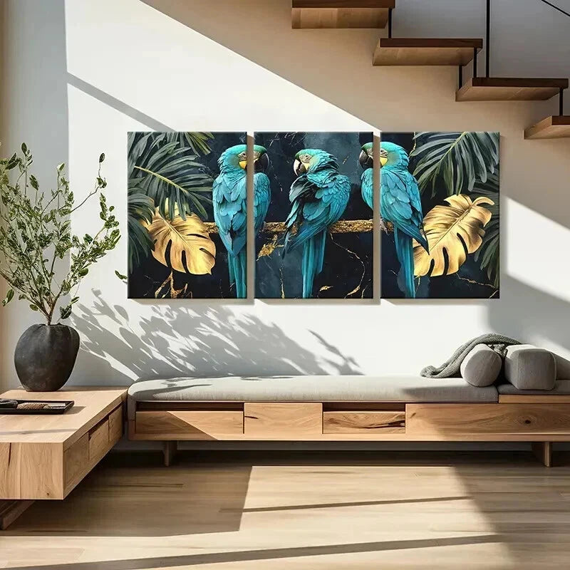 3pcs Exotic Parrots On Golden Tree Branch Wall Art Set Canvas Framed 60x90cm - High Quality Print 100% Australian Made Wall Canvas Ready to Hang - Bella Home Decor