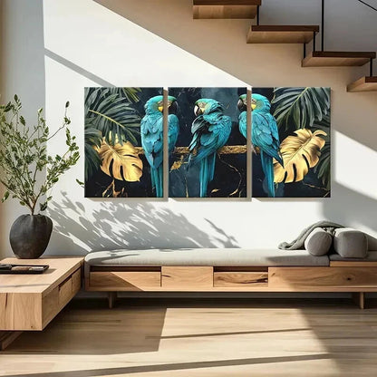 3pcs Exotic Parrots On Golden Tree Branch Wall Art Set Canvas Framed 60x90cm - High Quality Print 100% Australian Made Wall Canvas Ready to Hang - Bella Home Decor