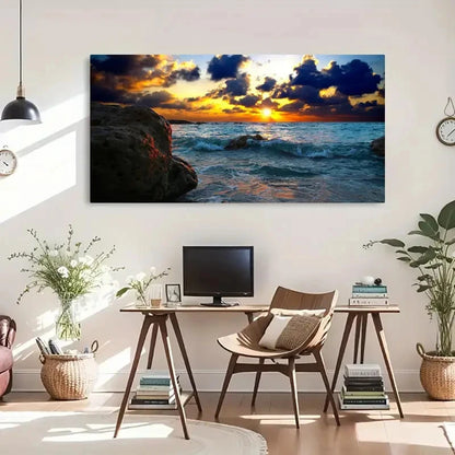Coastal Landscape Modern Sunset Wall Art Canvas Office Home Room Framed 120x60cm