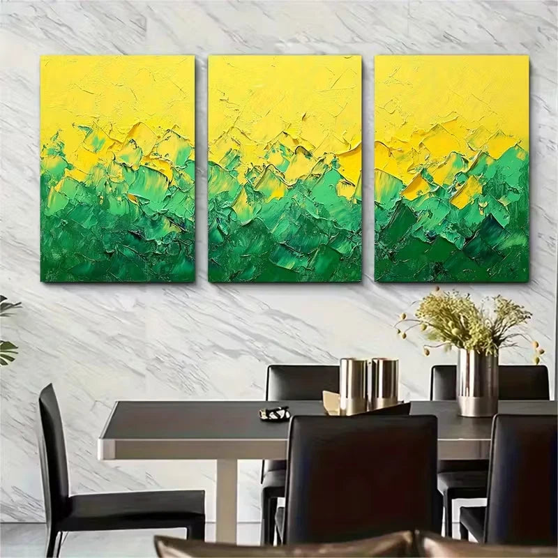 3pcs Abstract Thick Textured Yellow Green Painting Metal Print Ready to Hang Art - Bella Home Decor