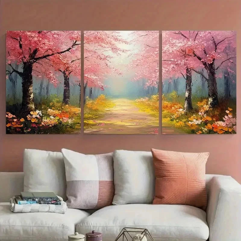 3pcs Park Path with Wildflower Cherry Blossom Tree Metal Print Ready to Hang Art - Bella Home Decor