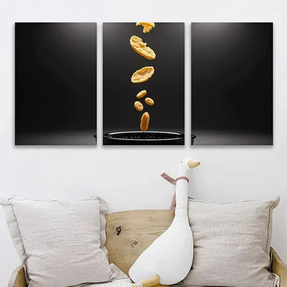 3pcs Black Bowl with Nachos Spray-Painted  Wall Art Set Canvas Framed 40x60cm - High Quality Print 100% Australian Made Wall Canvas Ready to Hang - Bella Home Decor