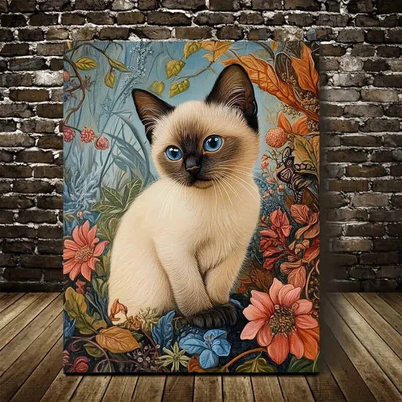 Flowers And Plants Cute Siamese Cat Kitten Painting 40x60cm Metal Print Ready to Hang