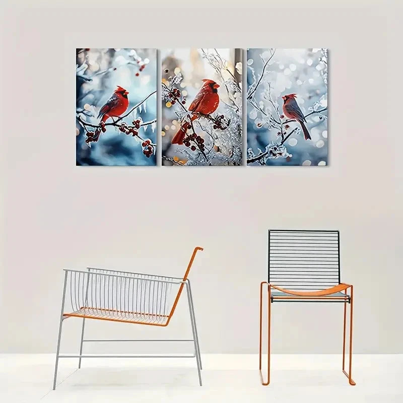 3pcs Cardinal Birds Snowy Berries & Goldenrod Metal Print Ready to Hang Art - Bella Home Decor