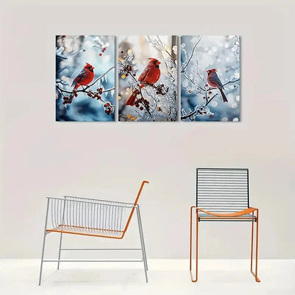 3pcs Cardinal Birds Snowy Berries & Goldenrod Metal Print Ready to Hang Art - Bella Home Decor