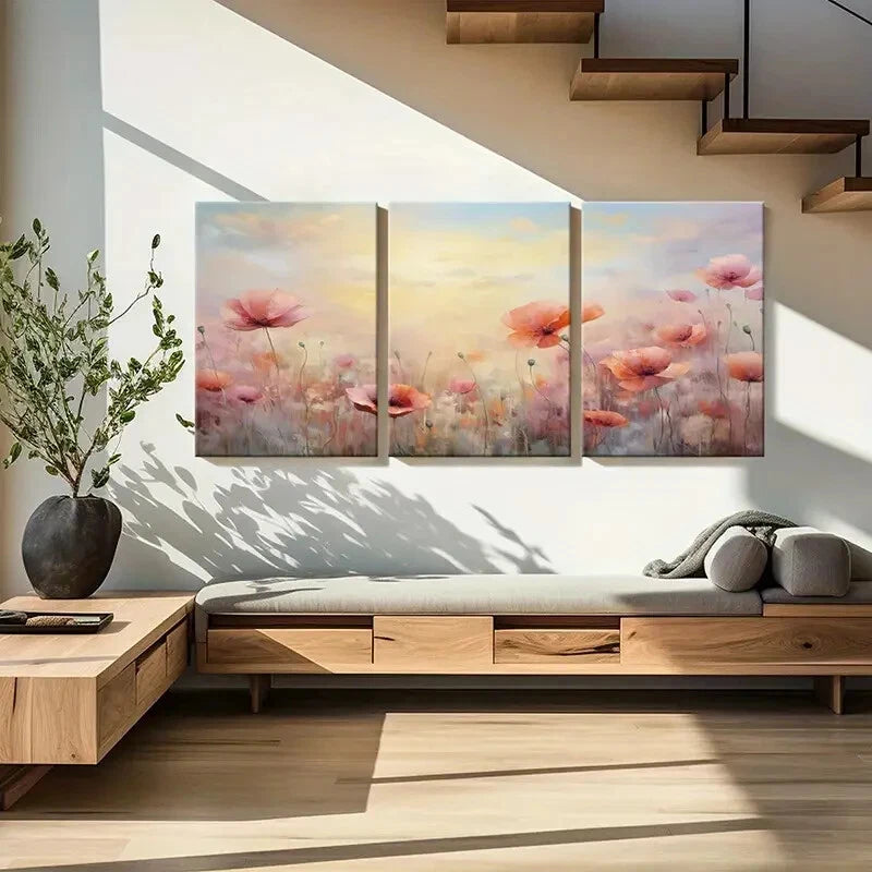 3pcs Poppy Field Soft Pastel Dreamy Lands Colors Metal Print Ready to Hang Art - Bella Home Decor