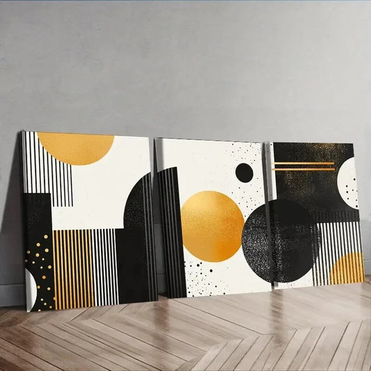 3pcs Featuring Flowing White And Golden Designs Wall Art Set Canvas Framed 50x70cm - High Quality Print 100% Australian Made Wall Canvas Ready to Hang