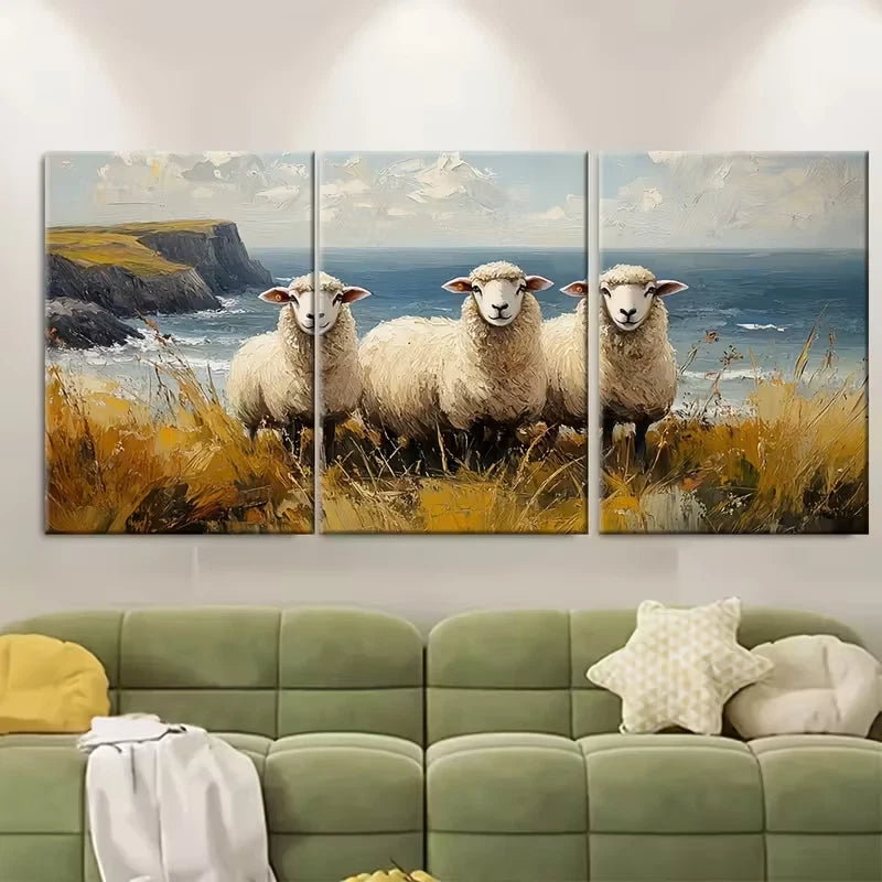 3pcs Ireland Oil Painting Sheep Metal Print Ready to Hang Art