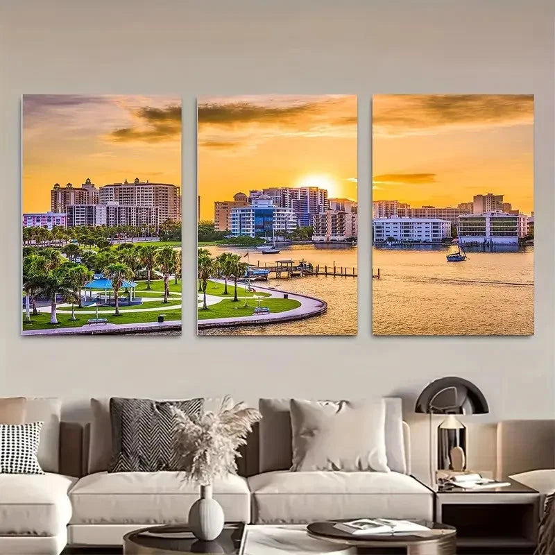 3pcs Sarasota Florida Sunset Skyline Metal Print Ready to Hang Art