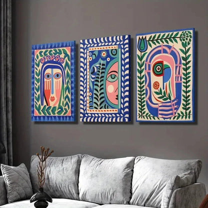 3pcs Classic Modern Bohemian Face Painting Wall Art Set Canvas Framed 50x70cm - High Quality Print 100% Australian Made Wall Canvas Ready to Hang - Bella Home Decor