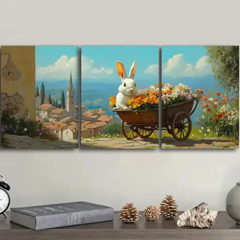 3pcs Featuring a Rabbit with a Wheelbarrow Wall Art Set Canvas Unframed - High Quality Print 100% Australian Made Wall Canvas - Bella Home Decor